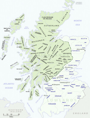 Scottish Clan Map showing the Districts of the Highland Clans of Scotland Poster