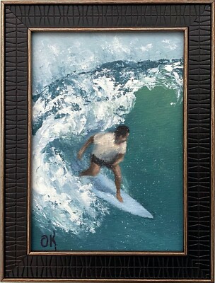 Surfer Oil Painting Original Art Seascape Surf Ocean Wave Surfing Small Wall Art