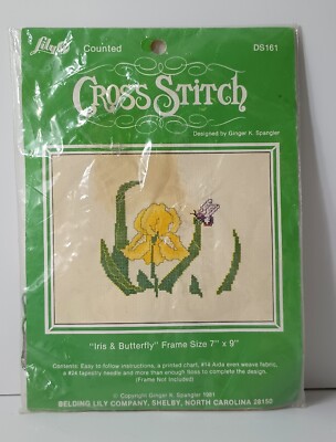 Vintage Iris Butterfly Counted Cross Stitch Kit by Lily 7'' x 9'' 1981 New Sealed 