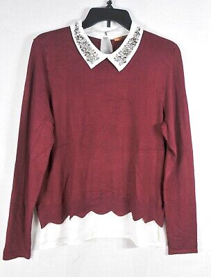 Belldini Womens Sweater Top L Cranberry White Studded Collar Knit Blouse Top NWT