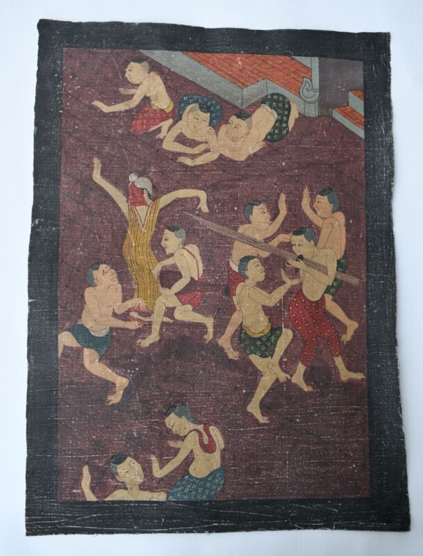 Antique Painting of Villagers Dancing on Cloth / Canvas from Thailand