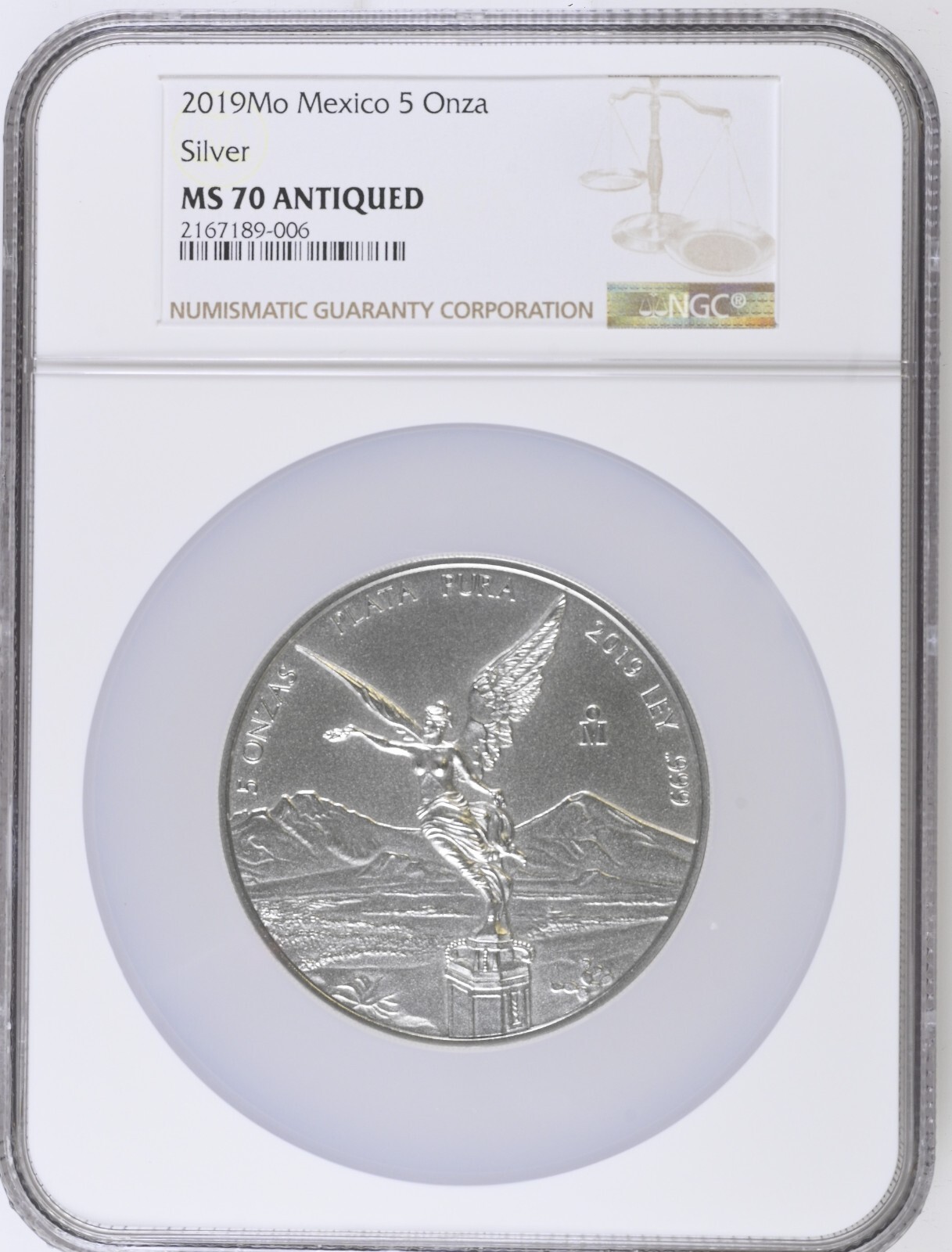 2019 Mo 5oz SILVER ONZA NGC MS70 Antique Finish MEXICO
