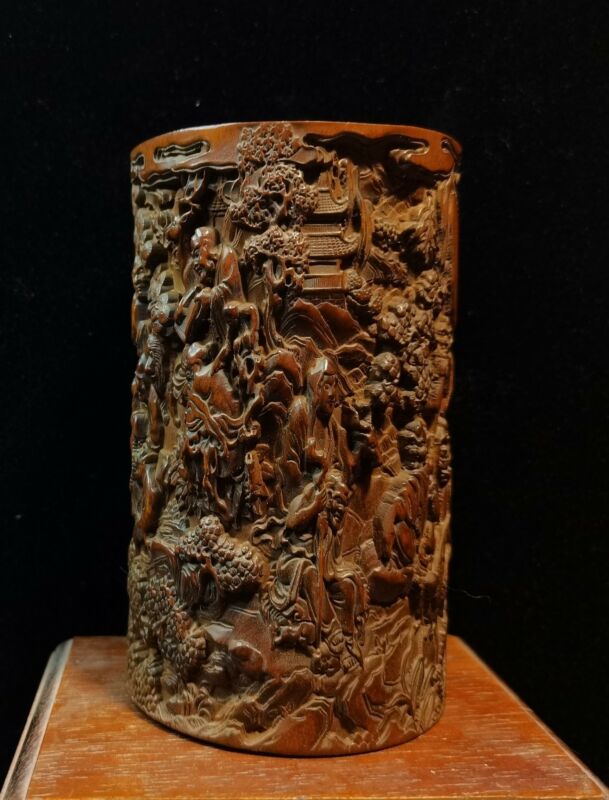 chinese carved brush pot pen case statue antique wood carving buddha Arhat decor