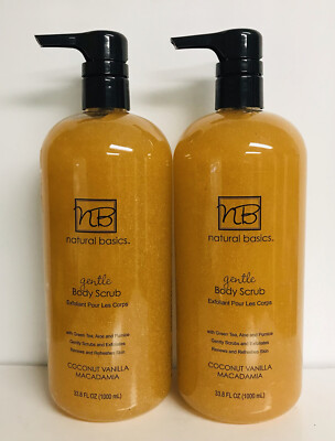 2 Bottles Natural Basics ~ Coconut Vanilla & Macadamia Gentle Body Scrub 33.8 oz