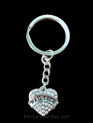 Brand New Nail Artist Technician Sparkly Heart Charm Silver Keychain Gift