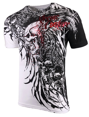 Xtreme Couture Affliction Men's T-Shirt BRUTAL COMBAT White Skull Biker Tattoo