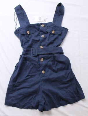 Mango Women's Sleeveless Button Up Belted Short Jumpsuit MP9 Navy Size XS NWT 
