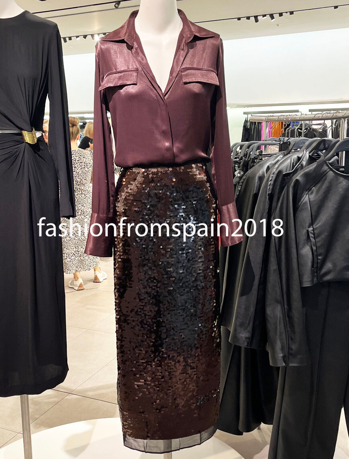 ZARA NEW WOMAN HIGH-WAIST SEQUINNED MIDI SKIRT DARK MAROON