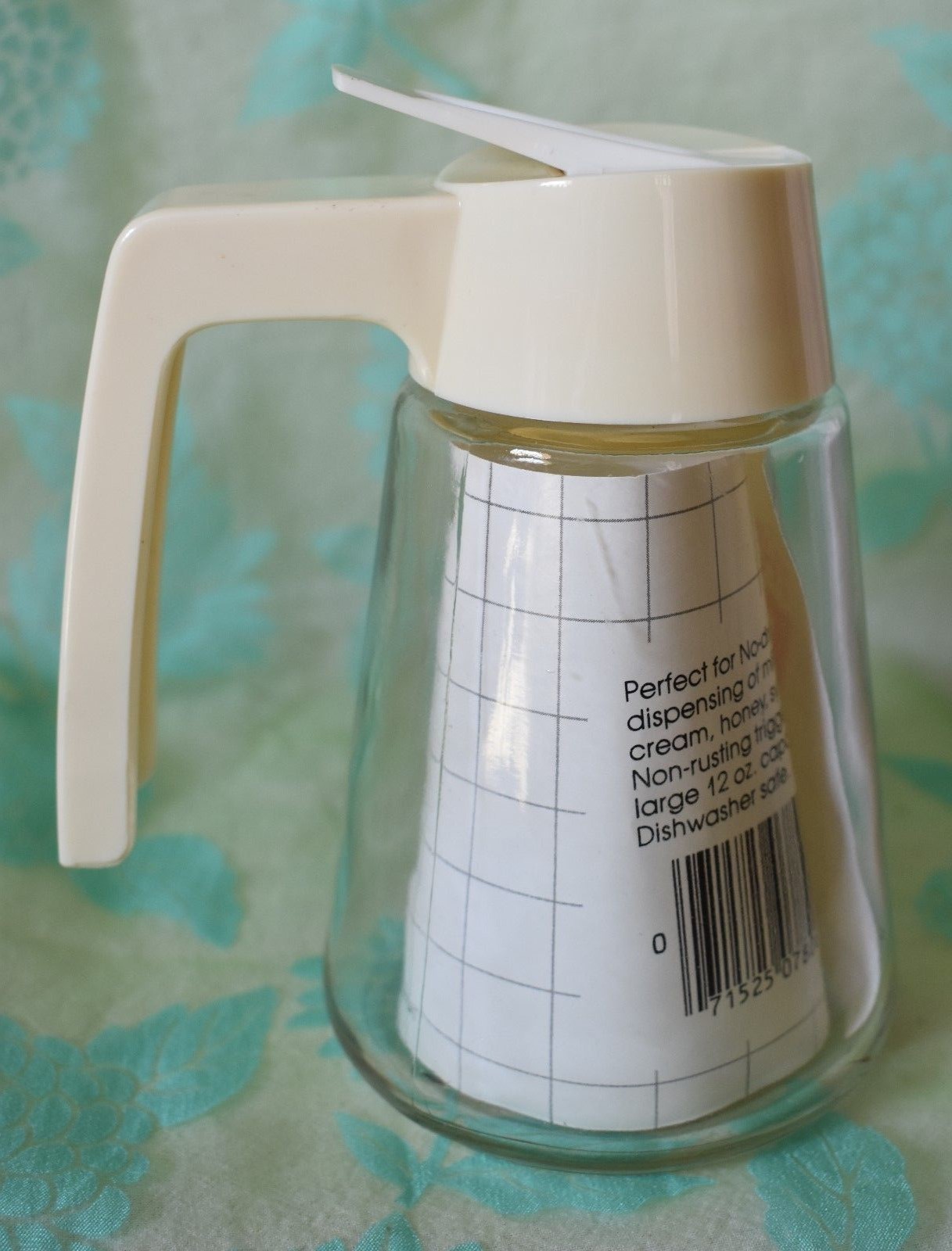 GEMCO Syrup Dispenser Dripless clear Glass Almond 1985 original papers