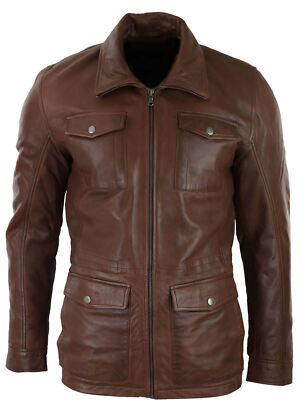 Pre-owned Truclothing Mens Tan Brown 3/4 Jacket Real Leather Safari Hunting Country Coat Classic