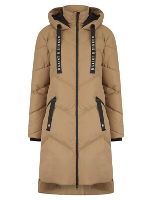 Womens Ladies Long Quilted Padded Camel Bubble Coat Hooded Jacket Zip Pockets