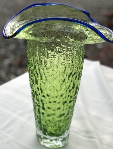 Blenko Vase by Hank Adams Specialty Line Celery with Cobalt Applied Edge 13.5”