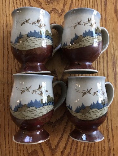 Set 4 Match Stoneware Coffee Cups Mugs Brown Blue Canadian Geese Flight