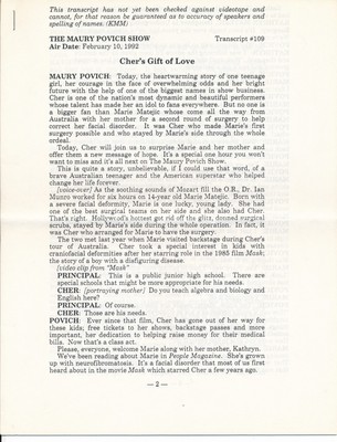 Cher's Gift of Love The Maury Povich Show Journal Graphic Transcript Feb 10-1992
