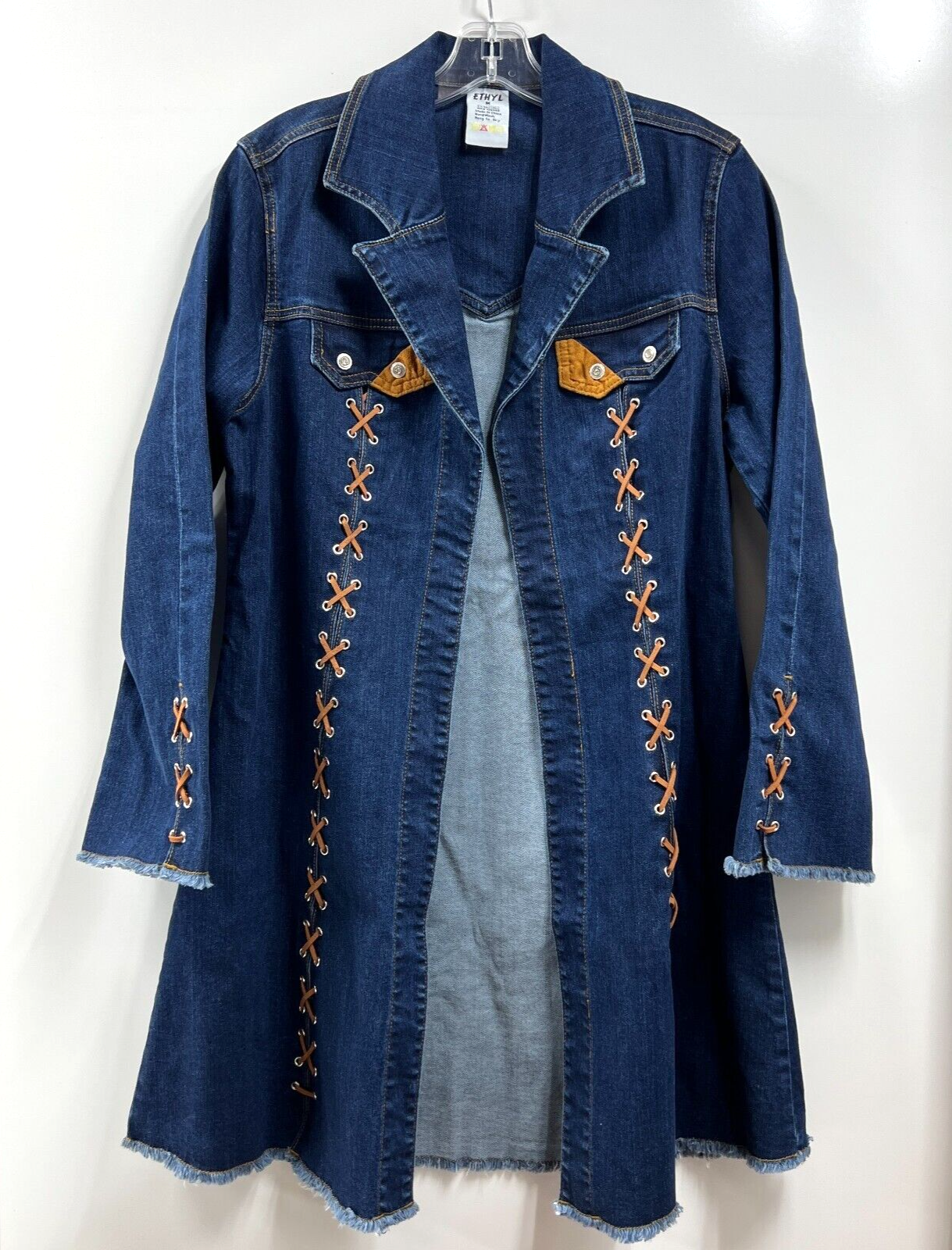 Ethyl Jean Jacket Western Style Long  Dark Blue Denim Duster Lace Womens Size  M