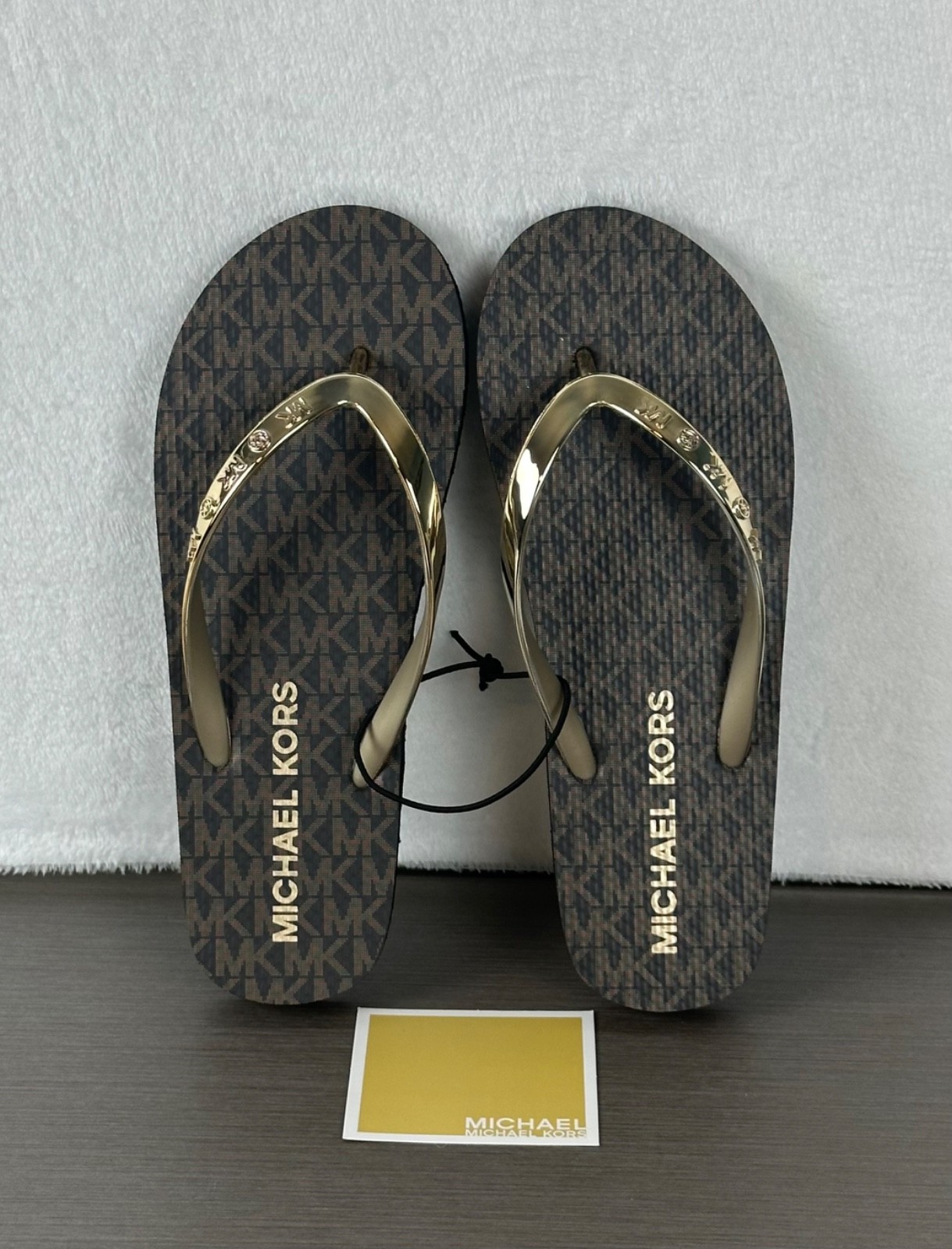 Michael Kors Women's MK Signature Logo Flip Flops Brown/Gold
