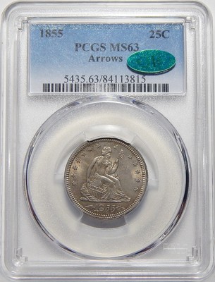 1855 PCGS/CAC MS63 ARROWS SEATED LIBERTY QUARTER