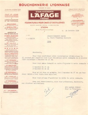 1958 FOURNITURES POUR CAVES ET DISTILLERIES BOUCHONNERIE LYONNAISE ETS LAFAG