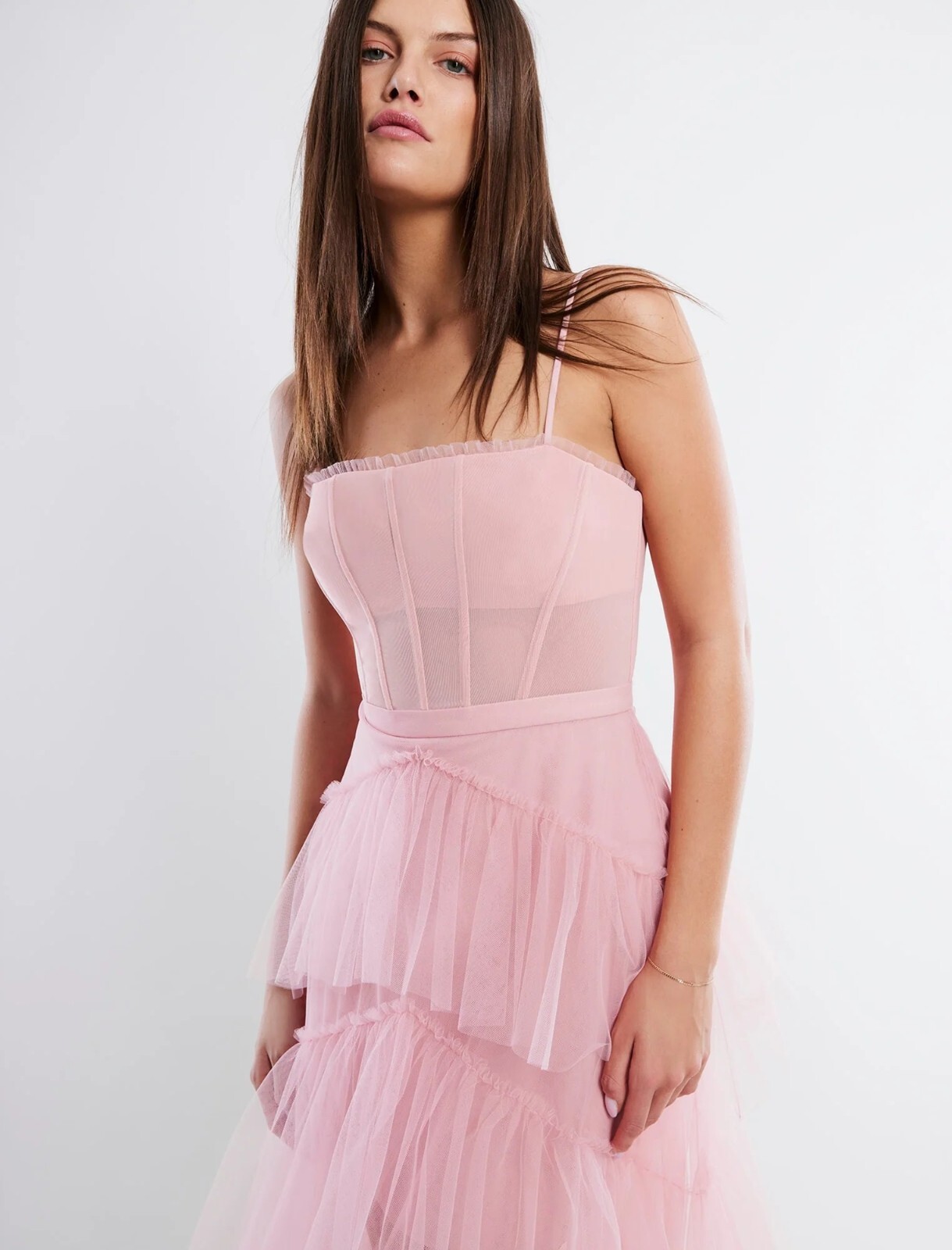 Pre-owned Bcbgmaxazria Oly Tiered Ruffled Tulle Evening Gown Pink Rose Size 10 $498