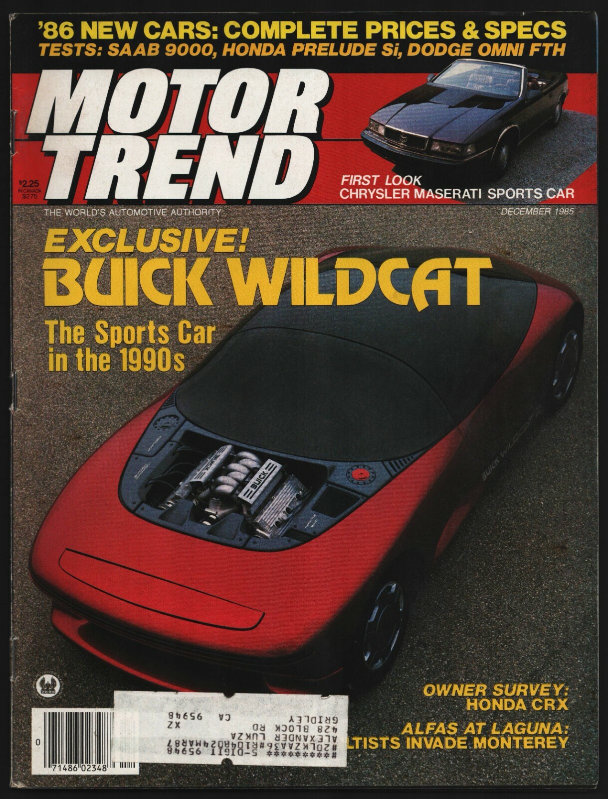 DECEMBER 1985 MOTOR TREND MAGAZINE BUICK WILDCAT, SAAB 9000