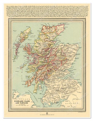 Clans of Scotland Historical Map Reprint | Highland Clan Locations c. 1912 24x32