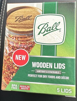 Brand New. Ball Authentic Mason Jar Acacia Wooden Storage Lids 5-Pack.
