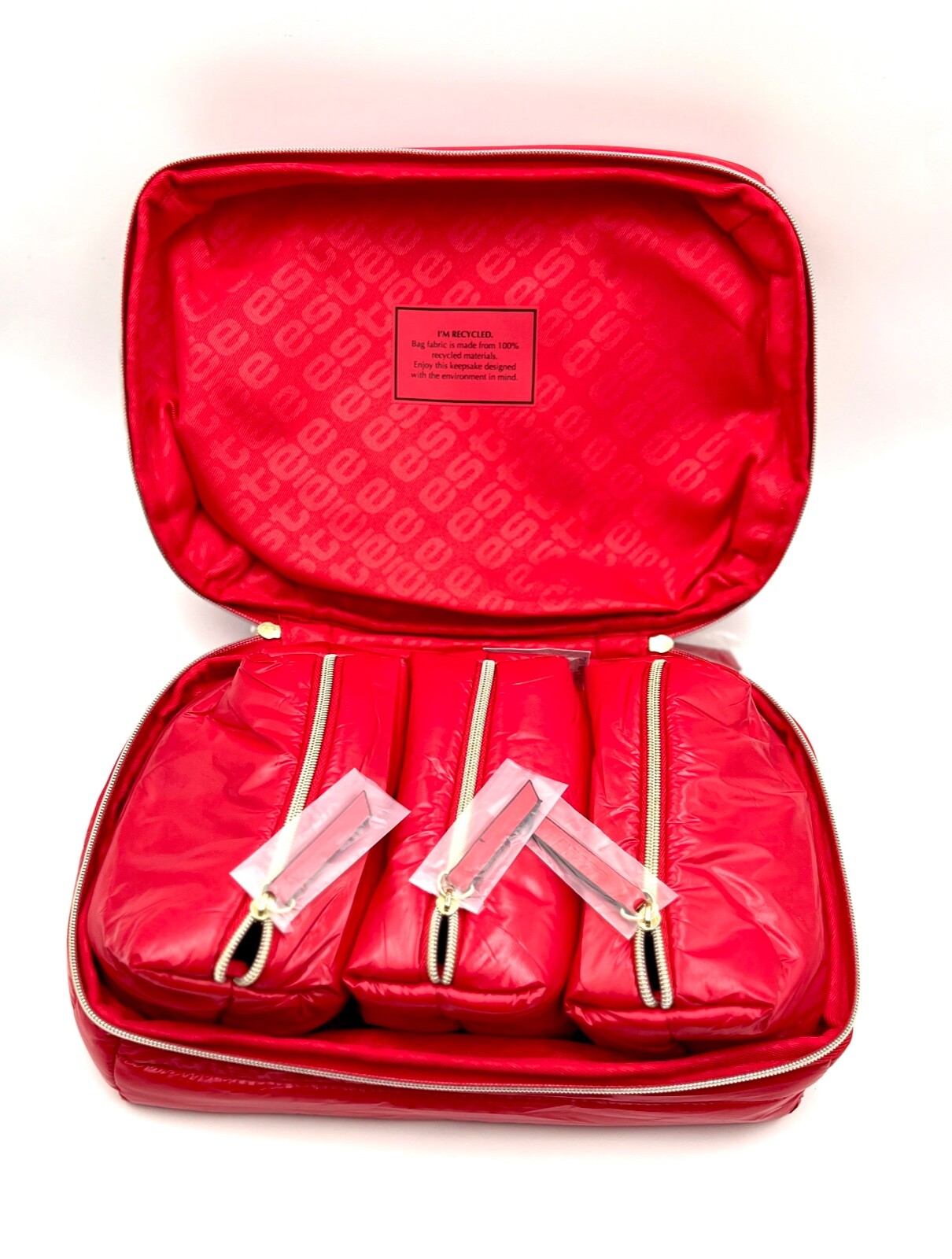 Estee Lauder  Fluffy Train Case Bag + 3 Little  Bags  with Handle ~ Red
