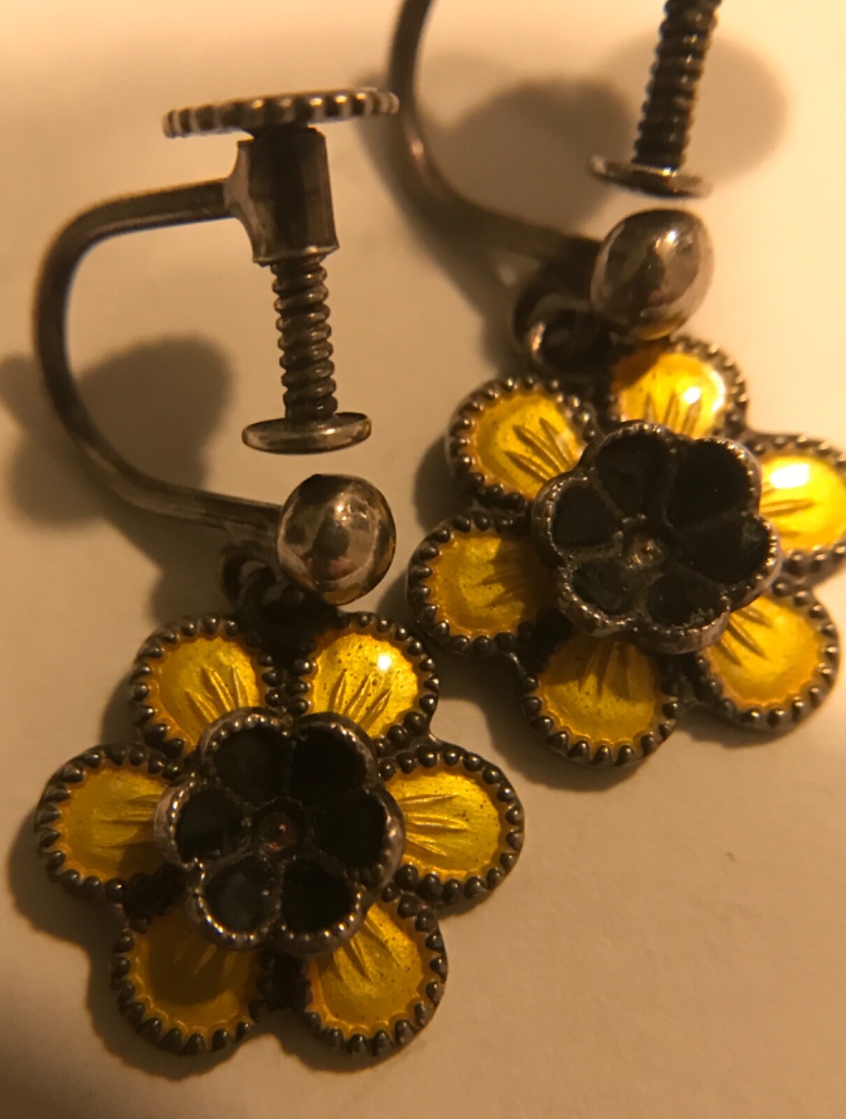 Vintage Enamelled Meka Denmark Sterling Silver Daisy Flower Brooch and Earrings