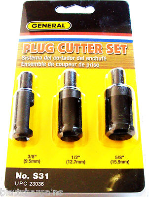 3pc GENERAL SELF EJECTING PLUG CUTTER DRILL BIT SET S31 23036 3/8 1/2 5/8 WOOD