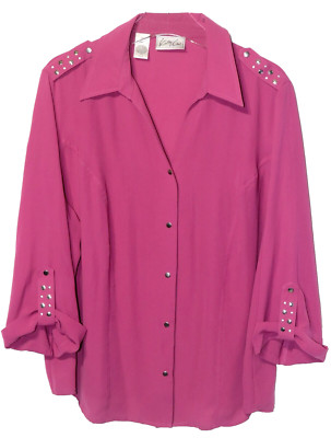 Kathy Che Mauve 3/4 Tab Sleeves Button Front V Collar Rivet Accents 18 3X Blouse