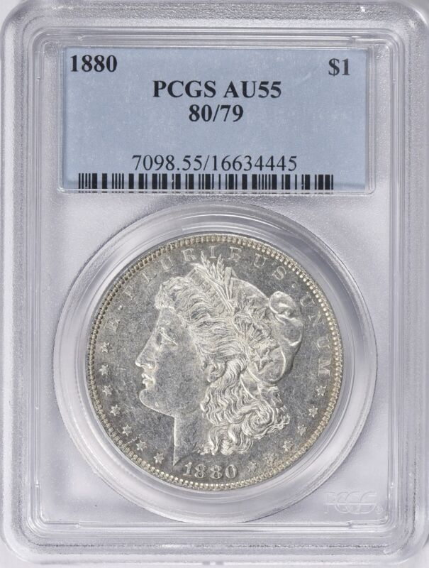 1880 P PCGS Morgan Silver Dollar 80/79 AU55