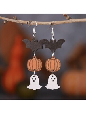 Fashion Halloween BAT GHOST PUMPKIN Drop Dangle Multicolor Wooden Earrings Gift