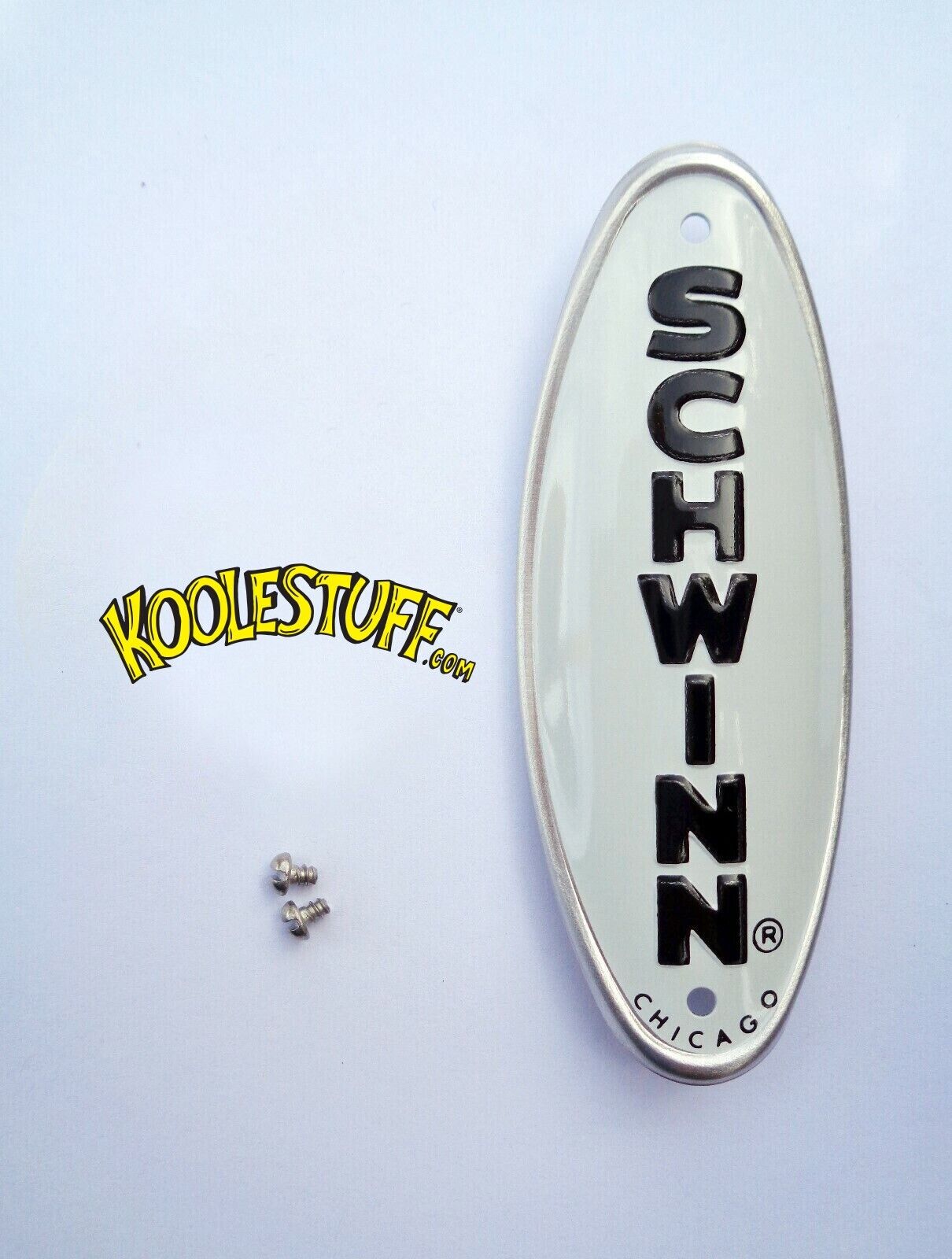 Schwinn Bicycle Head Badge/Name Plate * WHITE w/BLACK MADE Schwinn Bicycle Head Badge/Name Plate * WHITE w/BLACK MADE