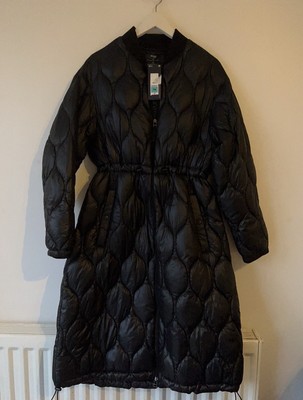 M&S WOMENS BLACK QUILTED LONGLINE SHINY PUFFER COAT JACKET Size 14