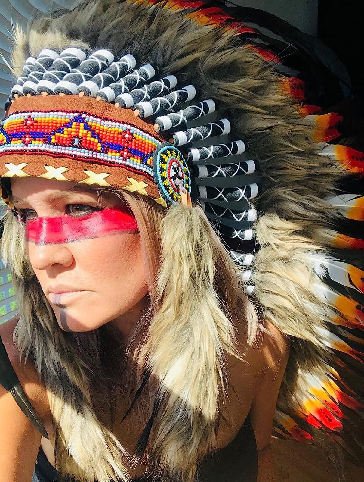 Pre-owned Handmade Native American Indian Inspired Feather Headdress Tribal Halloween Costume Props In Multi-color
