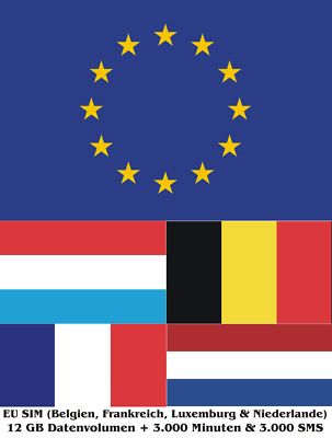 EU SIM (Belgien, Niederlande, Luxemburg Frankreich) mit 12 GB und Telefonie Tr