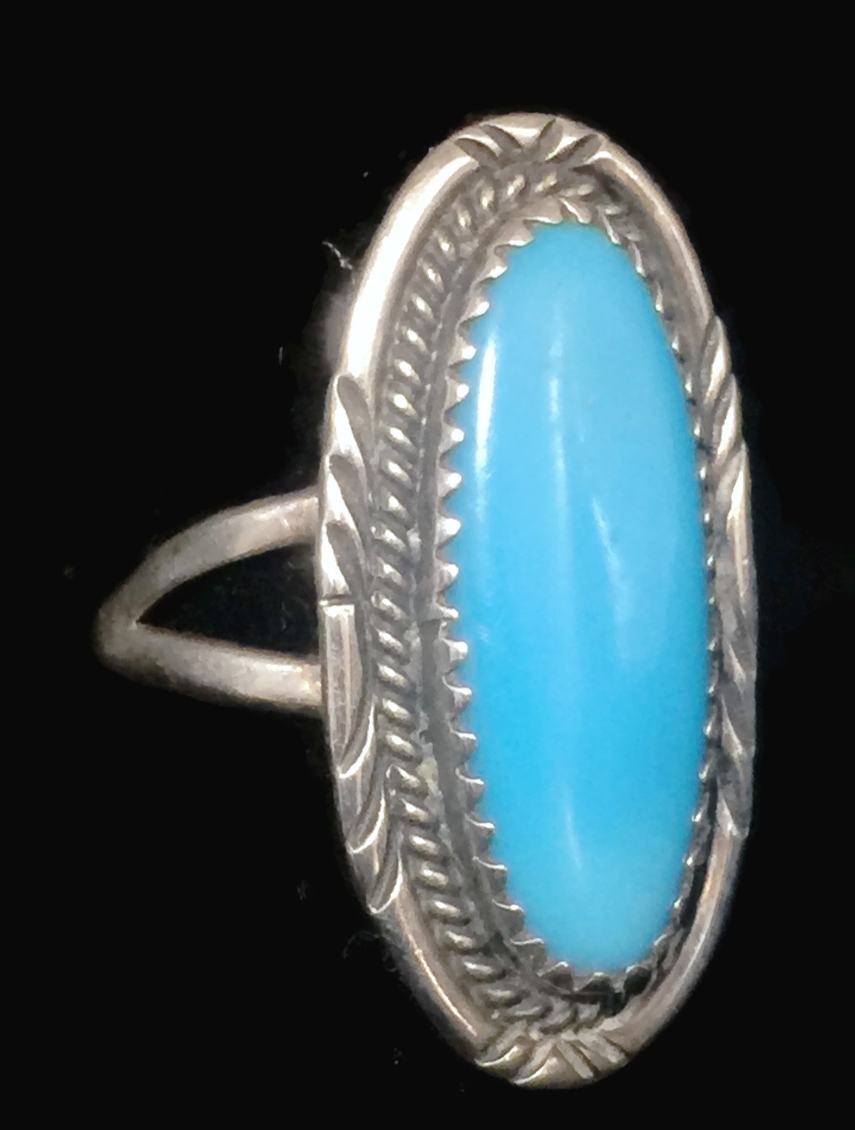 Vintage Long Turquoise Southwest Tribal Sterling Silver Ring Size 6.25