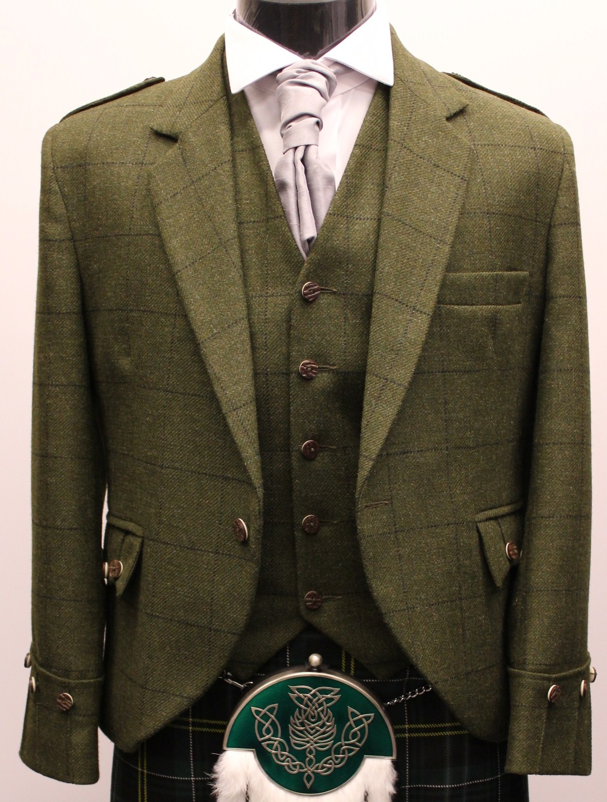 Green Tweed Argyll Kilt Jacket & Vest Waistcoat 100 Wool Made to Order