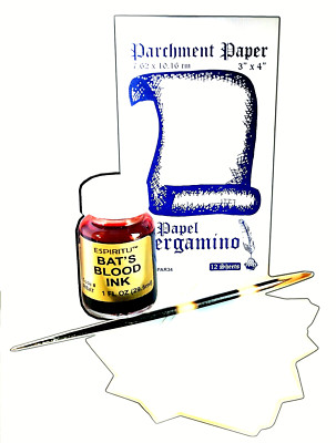 BAT'S BLOOD INK + PORCUPINE QUILL + 3'' X 4''  PARCHMENT PAPER SPELL WRITING KIT