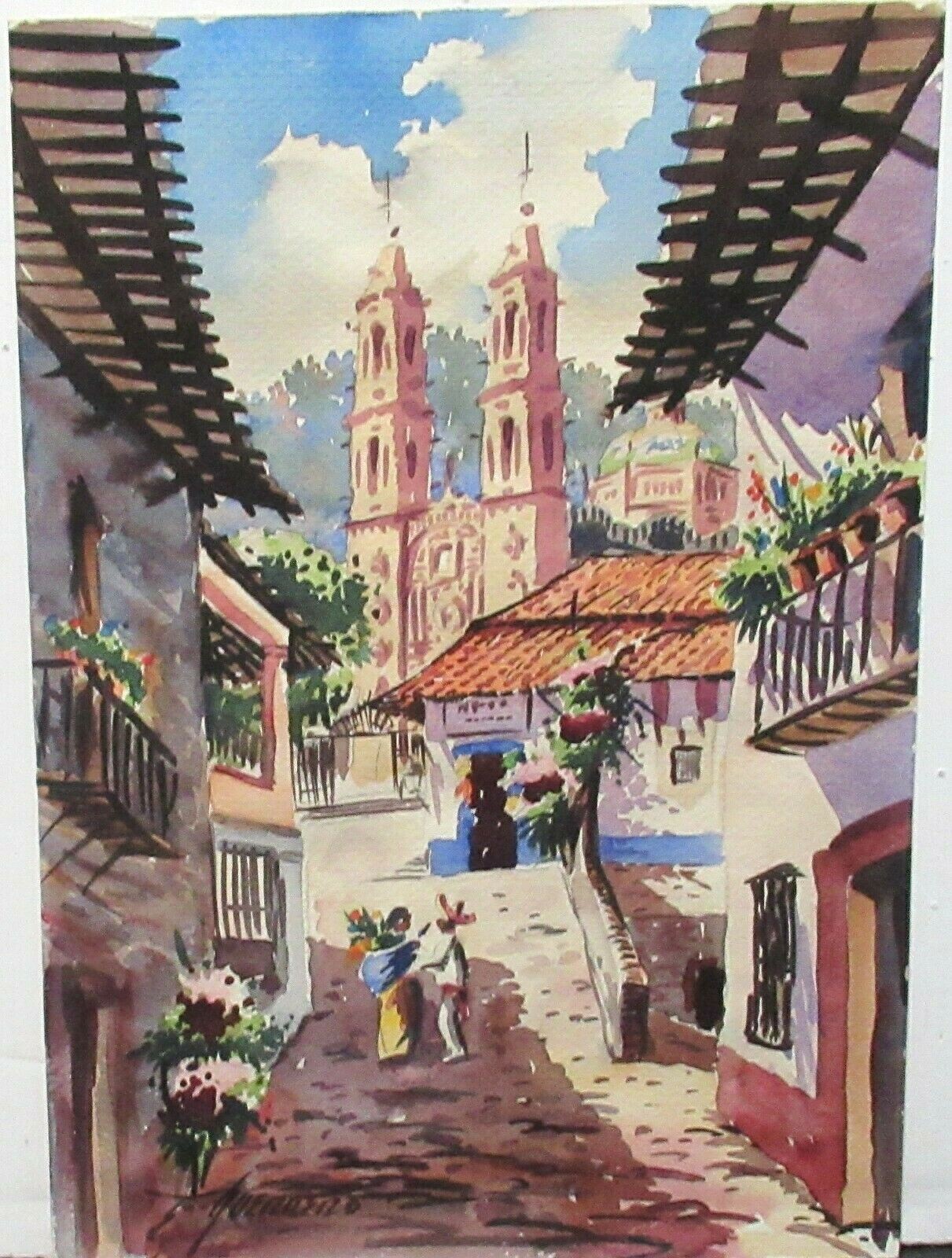 GUERRERO MEXICAN TOWN MISSION ORIGINAL WATERCOLOR PAINTING