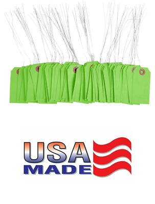 100 Green Tags with Wire 3 1/4 x 1 5/8'' Size 2 Inventory Price Hang Prewired Tag