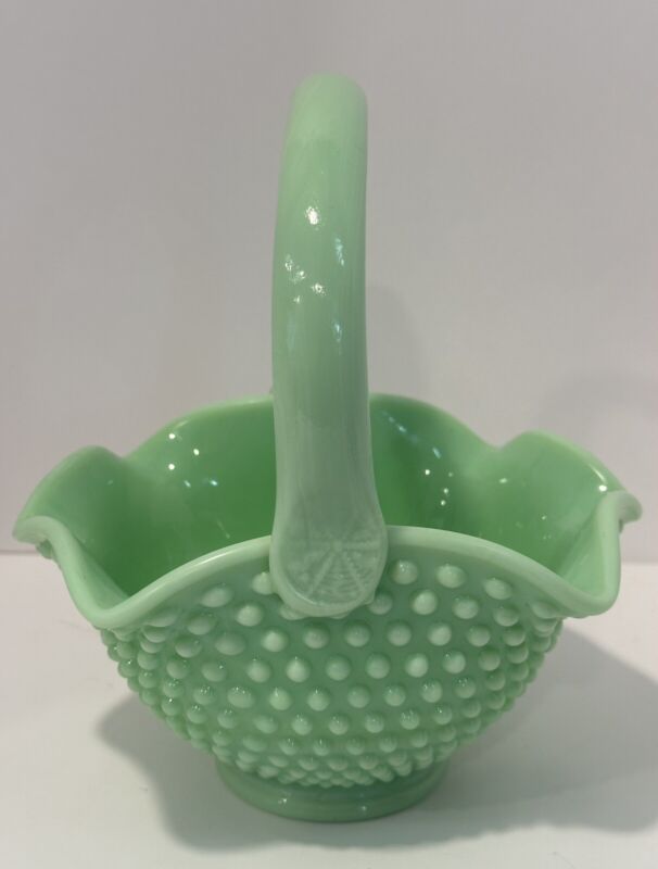 Green Milkglass HOBNIAL CRIMPED BASKET 7 3/4" Tall - Has Sat in China Closet