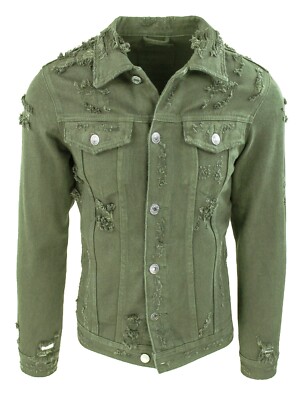 Giubbotto jeans uomo Denim verde casual giacca slim fit aderente con strappi