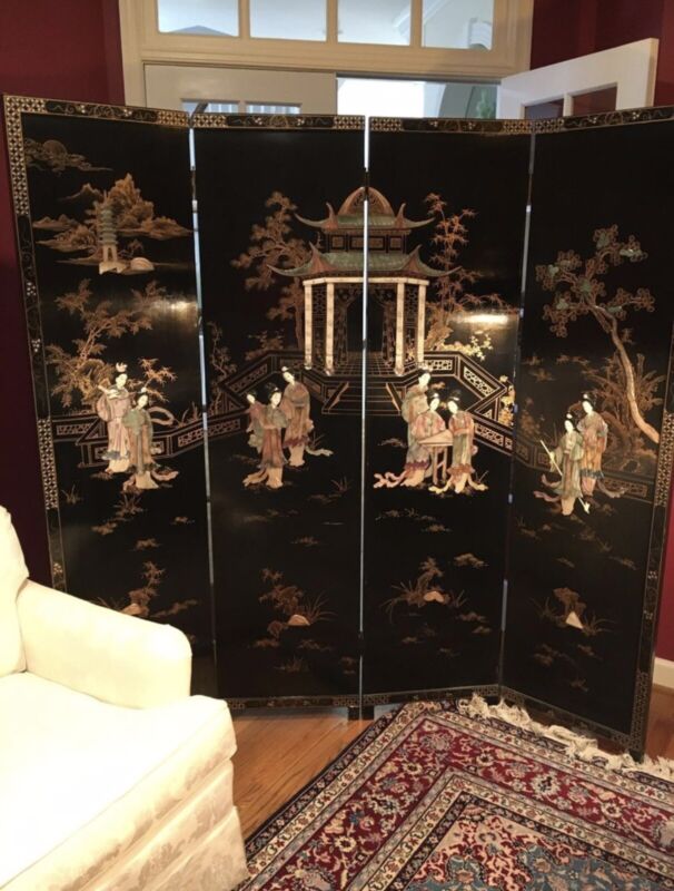 Antique Asian Panel 6’x6’ Jade Mother Pearl Coral Room Divider Black Lacquer 3D