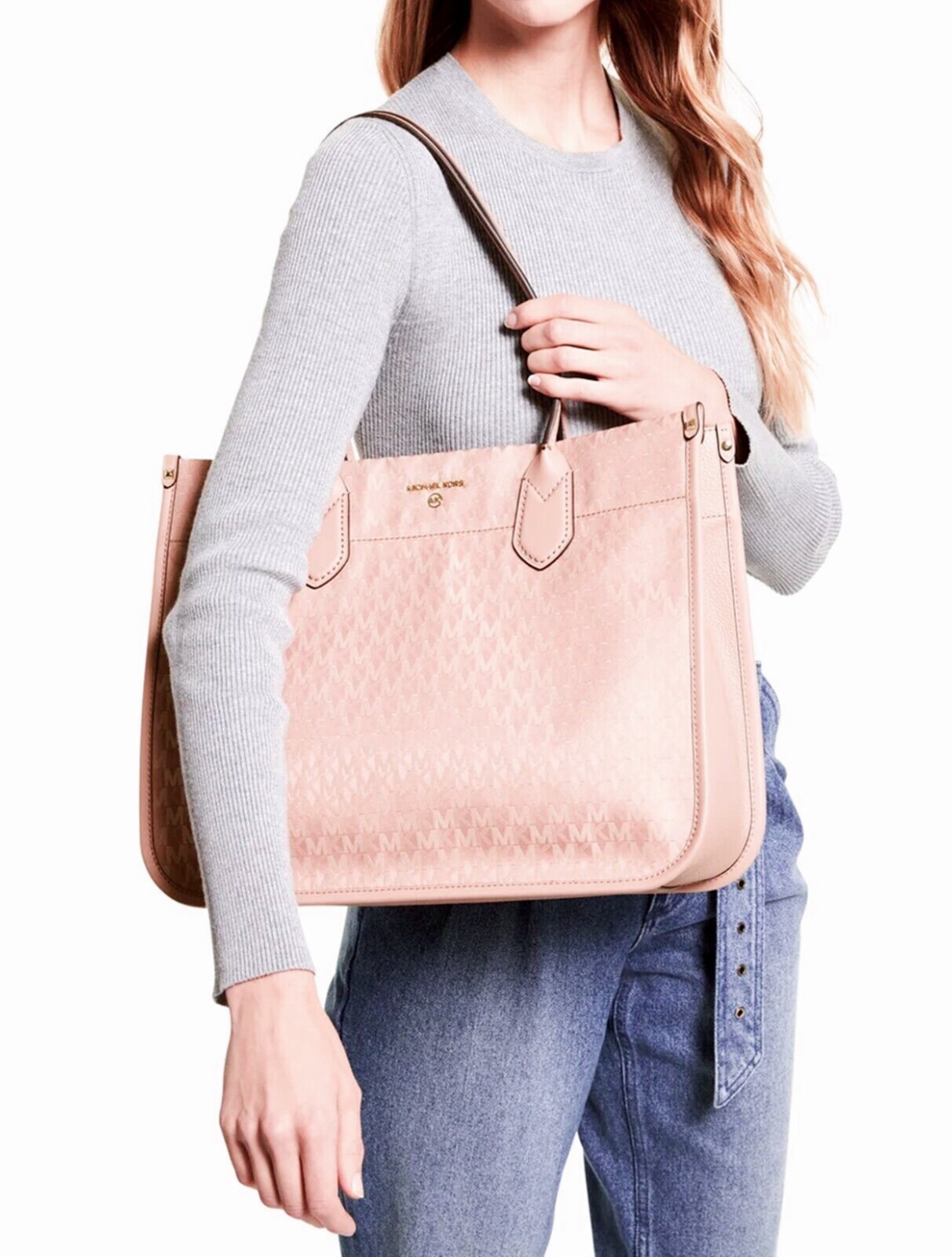 Женская сумка Michael Kors, сумка через плечо Heidi, большая сумка-тоут из жаккарда, S.Розовый/ Палевый