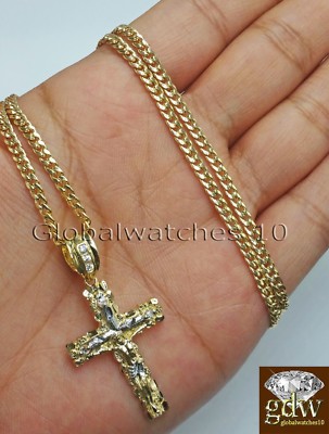 Pre-owned Globalwatches10 10k Yellow Gold Jesus Cross Charm Pendant 26" Miami Cuban Chain Necklace