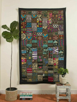 Indian Black Cotton Vintage Patchwork Ethnic Wall Tapestry Hanging 40'' X 60''