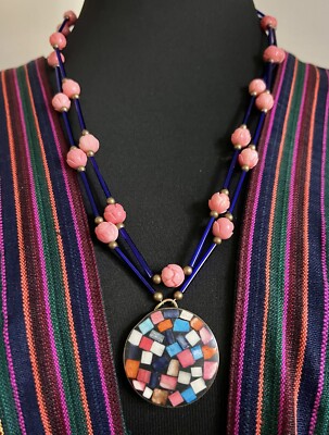 Tibetan Nepalese brass inlaid vintage pendant & Cobalt blue Bugle beads necklace