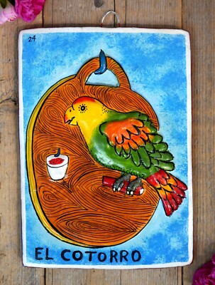 XL Sz Loteria #24 El Cotrro Parrot Clay Hand Painted Tonala Mexico Game Folk Art