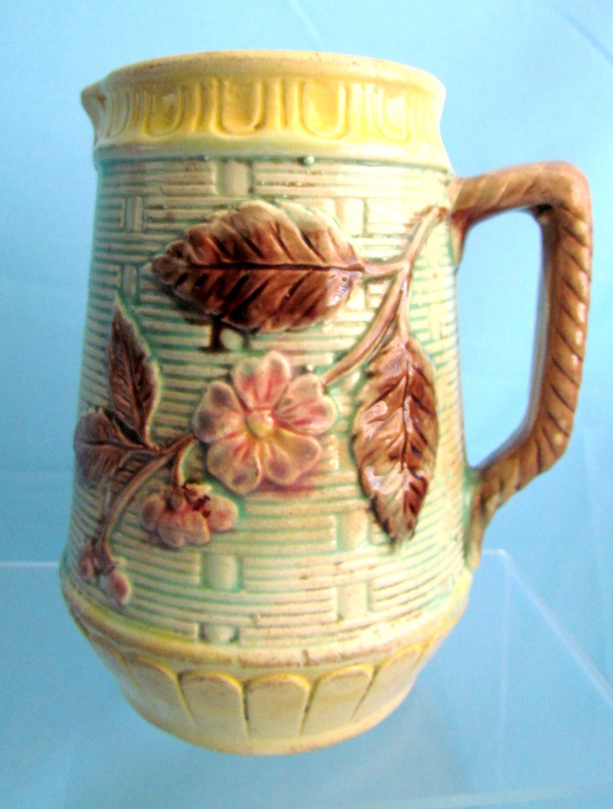 Antique Majolica Green and Yellow Basket Weave Wild Rose Pitcher